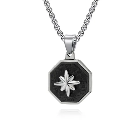 Collana con Ciondolo a Stella a Bussola Ottagonale da Uomo in Acciaio Inossidabile Texture in Fibra di Carbonio Gioielli di Moda Hip Hop Punk retrò