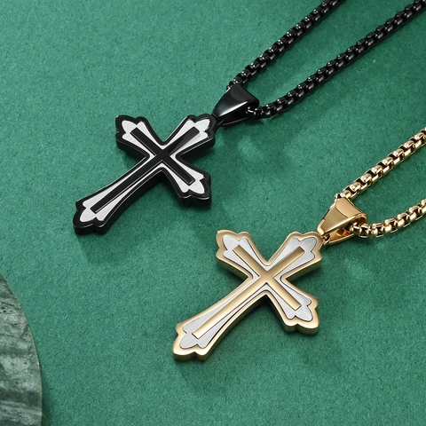 Collar con Colgante de Cruz de Acero Inoxidable para Hombres Mujeres Cruz Geométrica Pulida Doble Capa Contraste Joyas Hip Hop