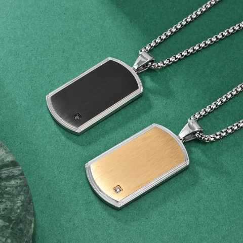 Collier Pendentif Plaque Militaire en Acier Titane pour Hommes Métal Brossé Strass Incrusté Bijoux Hip Hop