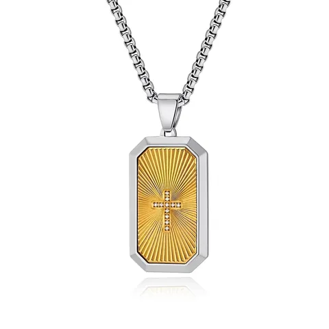 Hip Hop Two-Tone Titanium Steel Cross Pendant Necklace For Men Domineering Rectangular Dog Tag Rhinestone Radiating Necklace Jewelry