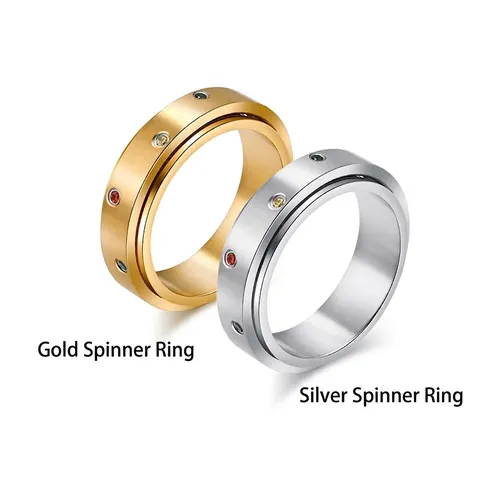 Stainless Steel Spinning Anxiety Ring For Women Men Colorful Rhinestone Inlaid Spinner Ring Relief Stress Fashion Jewelry