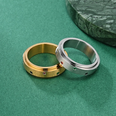 Stainless Steel Spinning Anxiety Ring For Women Men Colorful Rhinestone Inlaid Spinner Ring Relief Stress Fashion Jewelry
