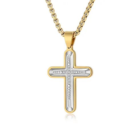 Hip Hop Edelstahl Zweifarbig Kreuz Anhänger Halskette Für Herren Eingelegter Strass Religiöser Schmuck Geschenk