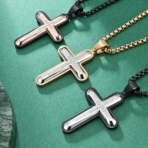 Hip Hop Edelstahl Zweifarbig Kreuz Anhänger Halskette Für Herren Eingelegter Strass Religiöser Schmuck Geschenk