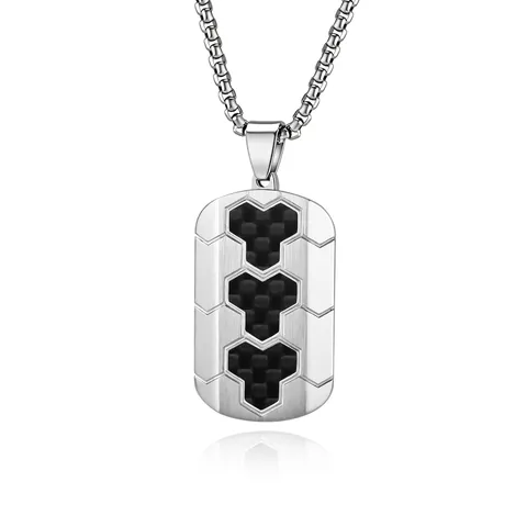 Collana con Ciondolo Dog Tag Esagonale in Acciaio al Titanio con Intarsio in Fibra di Carbonio per Uomo Hip Hop Gioielli in Metallo Spazzolato