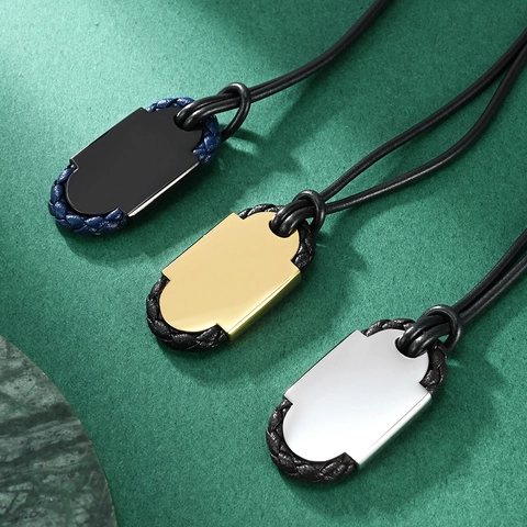 Collier Pendentif Géométrique en Acier Inoxydable Minimaliste pour Hommes Chaîne en Corde de Cuir Tressée Bijoux