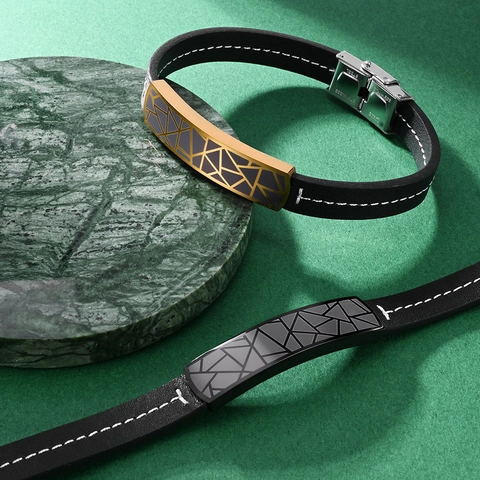Bracciale in Pelle di Fibra e Acciaio Inossidabile con Motivo Geometrico Unisex Cinturino a Texture Geometrica Gioielli Moda