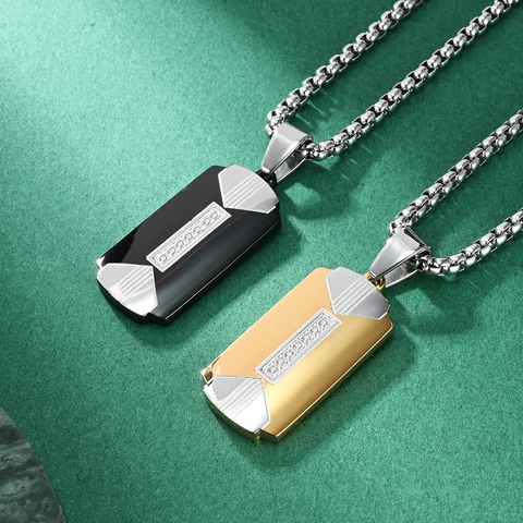 Collana con Ciondolo a Piastrina Rettangolare in Acciaio Inossidabile da Uomo Gioielli con Intarsio in Strass per Uomo Donna