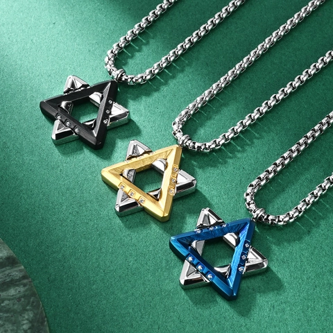 Collier Pendentif Hexagramme en Acier Inoxydable Bicolore 3D Créatif Collier Strass Étoile de David Géométrique Hip-Hop Minimaliste