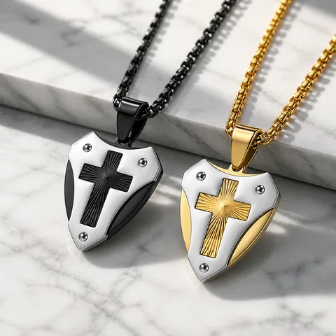 Collar con Colgante de Cruz de Escudo Mecánico para Hombre de Acero Inoxidable Joyería Punk Bicolor con Cadena de Caja