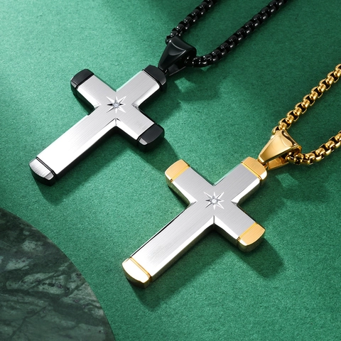 Minimalistische Edelstahl Kreuz Anhänger Halskette Für Herren Zweifarbige Hexagramm Stern Strass Eingelegt Mode Schmuck Geschenk