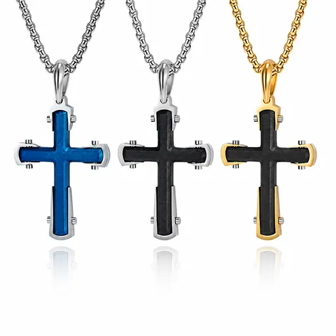 Industrial Stainless Steel Cross Pendant Necklace For Men Two Tone Brushed Silk Texture Rivet Design Punk Jewelry Fashion Gift