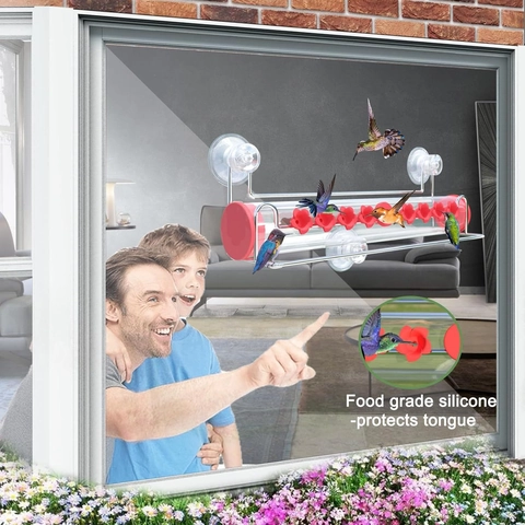 Fenster Kolibri Futterstation Mit Starken Saugnäpfen Acryl Transparentes Rohr Rote Blumen Fütterungsöffnungen Metallstange Vogelbeobachtung