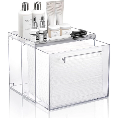 Clear Acrylic Disposable Face Towel Storage Box Bathroom Vanity Facial Tissue Organizer Case With Drawer Multi Purpose