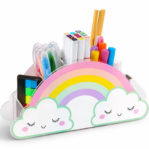 Acrylic Rainbow Desk Organizer Pencil Holder Cute Cloud Design Desktop Stationery Storage Case For Kids Home Office School