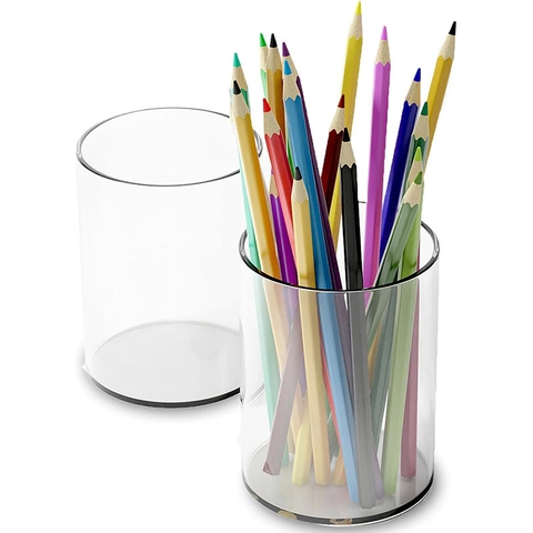 Transparent Acrylic Pen Holder Round Minimalist Desktop Stationery Organizer Makeup Brush Storage Cup For Office School Desk