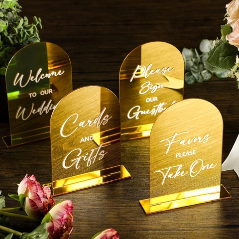 Letreros de Boda de Acrílico de Espejo Dorado Arqueados Con Bases Decoración de Recepción Mesa de Regalos