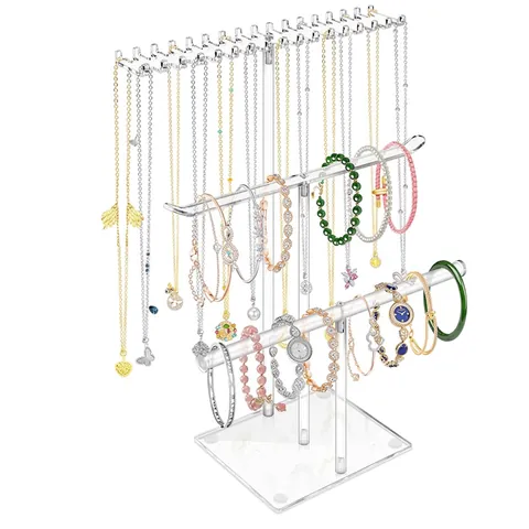 Clear Acrylic Multi Layer T Bar Jewelry Display Stand For Necklace Bracelet Watch Organizer Artistic Style Desktop Holder