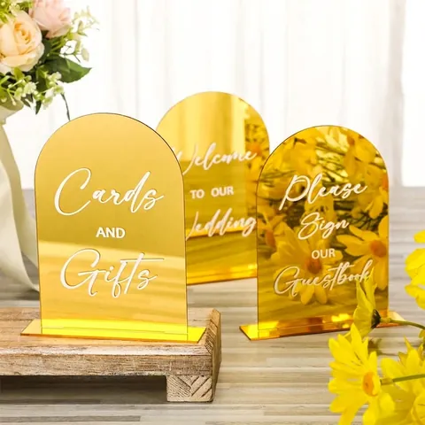Letreros de Boda de Acrílico de Espejo Dorado Arqueados Con Bases Decoración de Recepción Mesa de Regalos