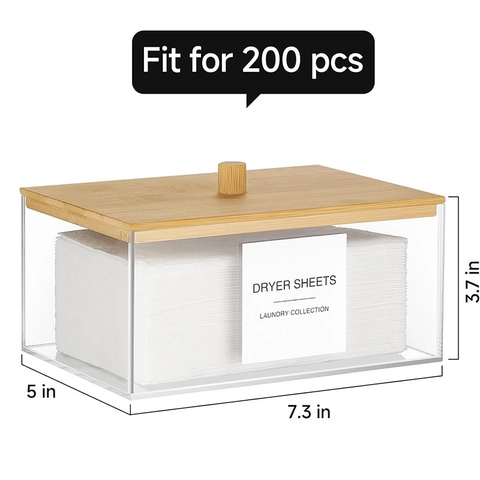 Support de Feuilles de Sèche-Linge en Acrylique Récipient Transparent pour Capsules de Lessive Avec Couvercle en Bambou