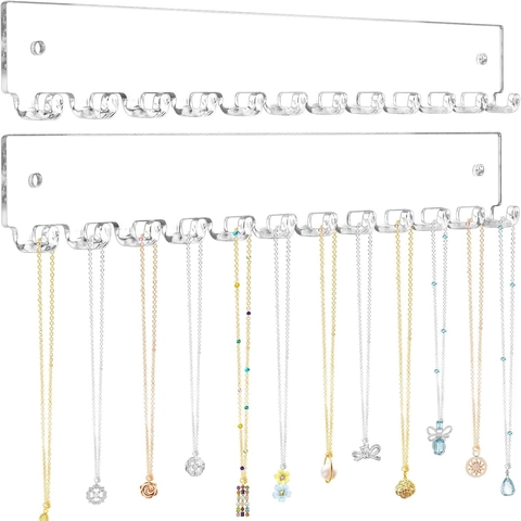2Pcs Clear Acrylic Wall Mounted Necklace Organizer Rack Jewelry Display Hooks Set With Mounting Screws For Home Storage