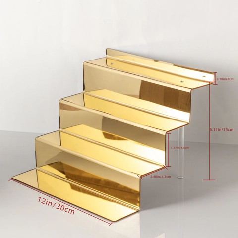 Acrylic Tiered Display Stand Mirror Gold Silver Finish For Figures Perfume Cosmetics 4-Tier Step Shelf Organizer Rack