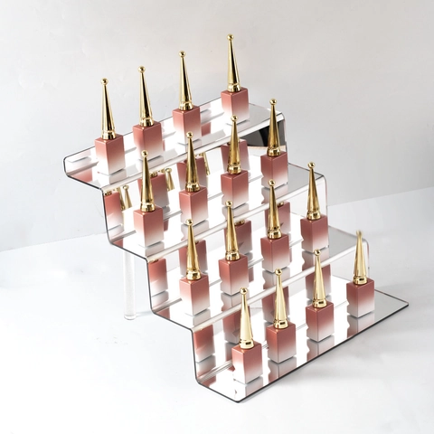 Acrylic Tiered Display Stand Mirror Gold Silver Finish For Figures Perfume Cosmetics 4-Tier Step Shelf Organizer Rack