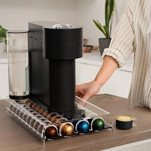 Modern Acrylic Coffee Capsule Holder Pods Storage Drawer Organizer Coffee Machine Base Stand Kitchen Office Black Finish