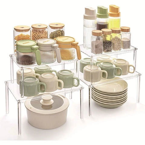 Acrylic Cabinet Organizer Rack Transparent Kitchen Countertop Spice Rack Stackable Desktop Storage Shelf For Pantry Office