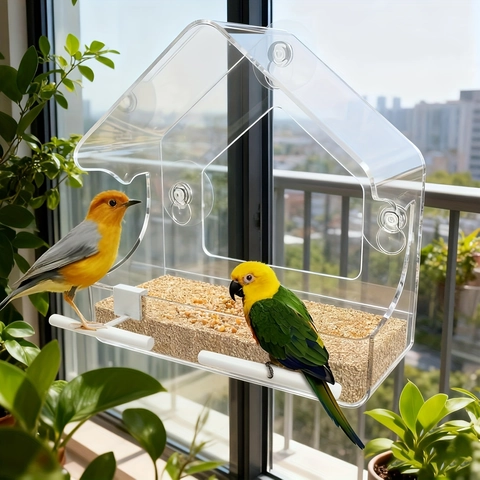 Transparante Acryl Vogelvoeder Voor Ramen Met Sterke Zuignappen Huisvorm Vogelvoederbak Voor Wilde Vogels Buiten
