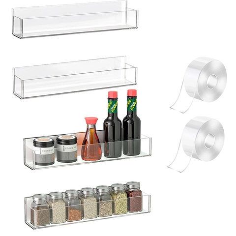 Acrylic Wall Mounted Spice Rack Clear Floating Shelves Set With Adhesive Tape For Kitchen Bathroom Storage Organization
