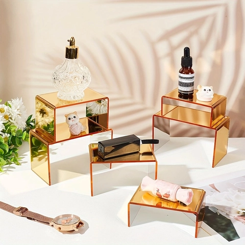 Set Espositori in Acrilico Oro Ambra Supporti Trasparenti a Gradini a Forma di U per Gioielli Profumi Action Figure Torte