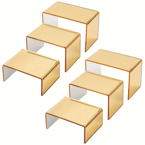 Set Espositori in Acrilico Oro Ambra Supporti Trasparenti a Gradini a Forma di U per Gioielli Profumi Action Figure Torte