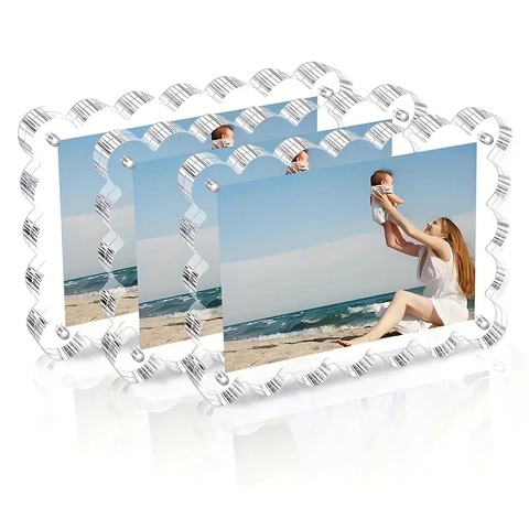Cadre Photo en Acrylique Festonné Transparent Magnétique Épais Bord Ondulé Présentoir de Bureau Protection UV Double Face