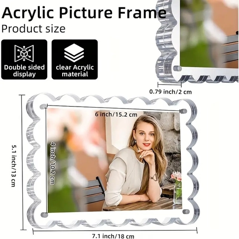 Cadre Photo en Acrylique Festonné Transparent Magnétique Épais Bord Ondulé Présentoir de Bureau Protection UV Double Face