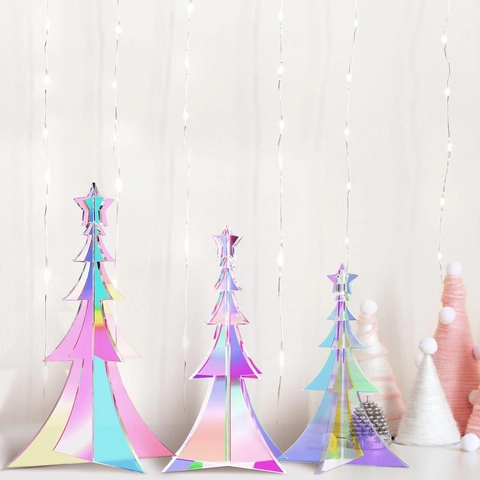 Set di Decorazioni da Tavolo ad Albero di Natale in Acrilico Cangiante Alberi di Natale 3D Arcobaleno Laser per Decorazioni Casa Ufficio