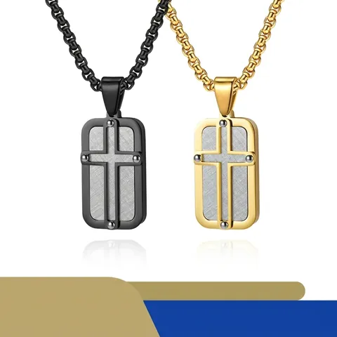 Collana con Ciondolo a Croce in Acciaio Inossidabile Industriale per Uomo Tag Militare Rettangolare Spazzolato Gioielli Punk