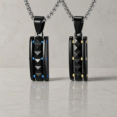 Men Vintage Industrial Punk Pyramid Pendant Necklace Stainless Steel Geometric Rectangle Black Gold Blue Charm Jewelry