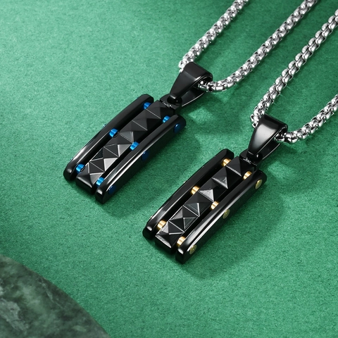 Men Vintage Industrial Punk Pyramid Pendant Necklace Stainless Steel Geometric Rectangle Black Gold Blue Charm Jewelry