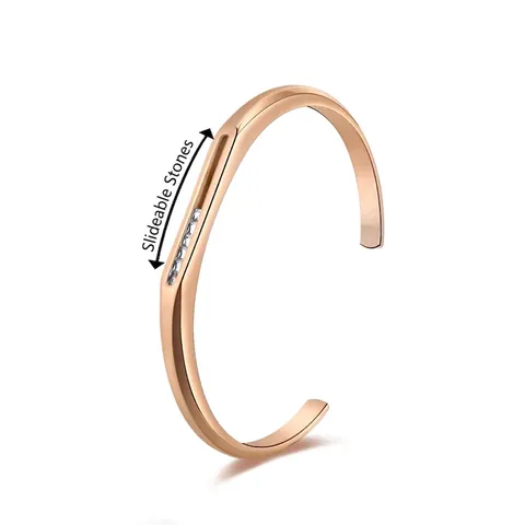 Bracciale Rigido Minimalista in Acciaio Inossidabile Aperto a C per Donna Oro Rosa Argento Lucido con Strass Scorrevoli