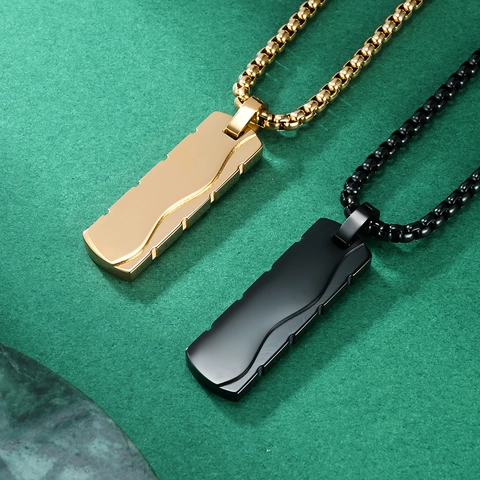 Collar de Colgante de Rectángulo de Acero de Titanio Minimalista Textura de Onda Joyería Personalizada Oro Negro Hombre Mujer
