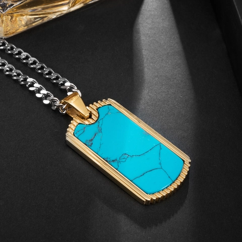 Minimalistische Roestvrijstalen Rechthoekige Hanger Ketting Voor Mannen Kunstmatige Turkoois Inleg Goud Zilver Curb Ketting Sieraden