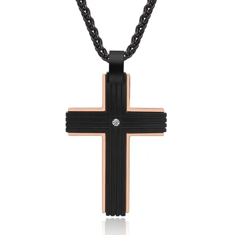 Roestvrij Stalen Kruis Hanger Ketting Voor Heren Tweekleurig Zwart En Roségoud Religieuze Sieraden Met Strass Inleg