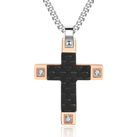 Vintage Heren Roestvrij Stalen Kruis Hanger Ketting Met Koolstofvezel Textuur Roségoud Zwart Strass Ingelegd Punk Sieraden