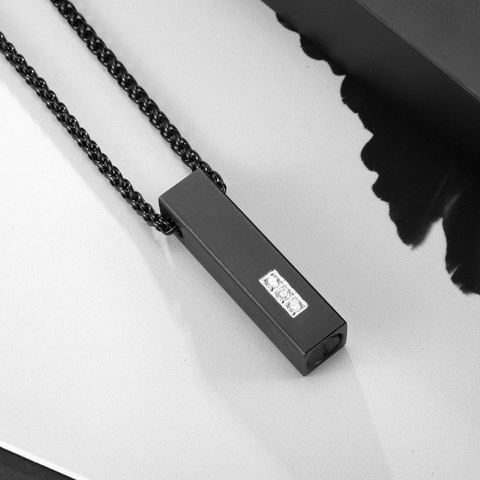 Minimalist Stainless Steel Necklace Brushed Rectangular Pendant Rhinestone Inlaid Black Wheat Chain Unisex Jewelry Gift