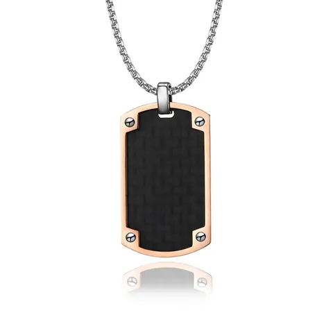 Men Stainless Steel Dog Tag Necklace Carbon Fiber Inlay Industrial Style Pendant Jewelry Box Chain Rose Gold Silver Tone