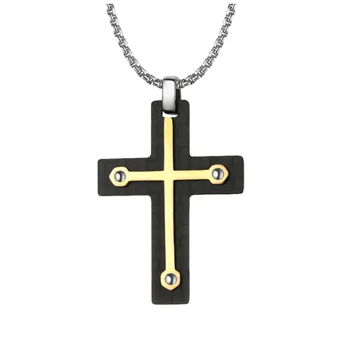 Collier Pendentif Croix en Acier Inoxydable et Fibre de Carbone Rétro Punk Bijoux Hip Hop Cadeau pour Hommes
