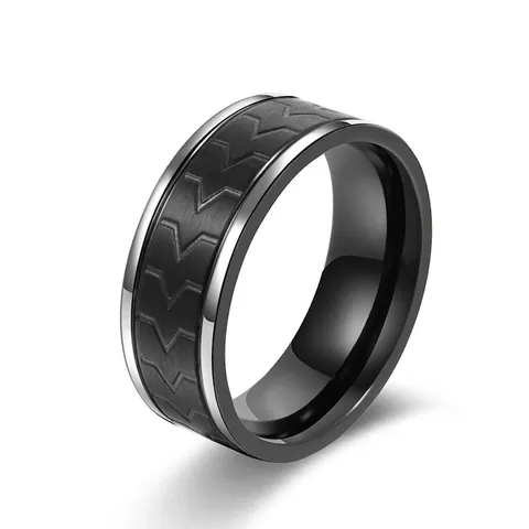 Roestvrij Staal Visgraatpatroon Ring Tweekleurig Zwart Zilver Geborsteld Punk Bandring Mode Sieraden Voor Heren