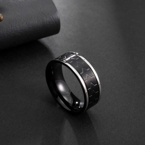 Roestvrij Staal Visgraatpatroon Ring Tweekleurig Zwart Zilver Geborsteld Punk Bandring Mode Sieraden Voor Heren