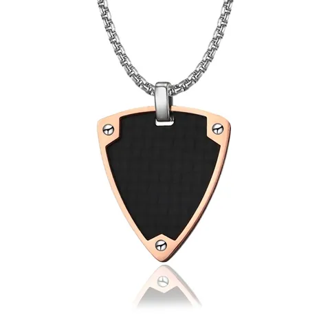 Retro Stainless Steel Shield Hip Hop Pendant Necklace For Men Carbon Fiber Texture Rivet Punk Industrial Jewelry Gift